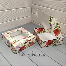 Коробка Пионы с окном (квадратное, круглое окно) 150х150х50мм - квадратное окно-foto2