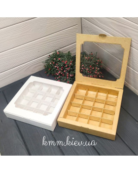 Коробка під цукерки з вікном, з ложементом на 16 осередків 185х185х35мм (біла, крафт) - Крафт