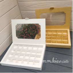 Коробка под конфеты с окном, с ложементом на 24 ячейки 270х185х30мм (белая, крафт) - Крафт-foto2