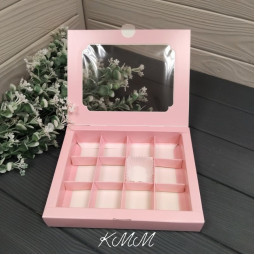 Коробка под конфеты с окном, с ложементом на 12 ячеек 200х156х30мм - Розовая-foto2