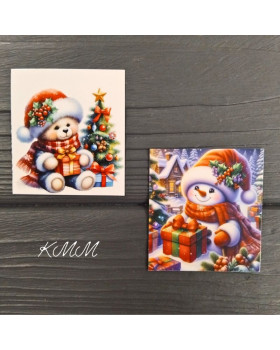 Листівка бірка Ведмедик та сніговик 50х45мм (5шт)