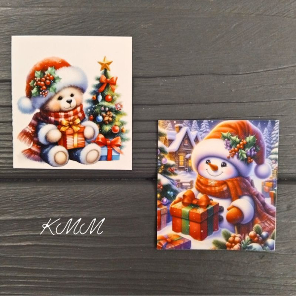 Листівка бірка Ведмедик та сніговик 50х45мм (5шт)