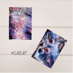 Открытка Merry Christmas and Happy New Year (сиреневая, шарики)100х70мм - 1шт