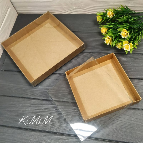 Коробка з прозорою кришкою - 15см/15см/3,5см - Крафт