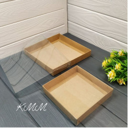 Коробка с прозрачной крышкой - 15см/15см/3,5см - Крафт